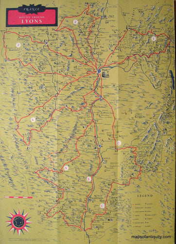 Printed-Color-Antique-Map-Lyons-France-Europe-France-c.-1947-French-Ministry-of-Travel-Maps-Of-Antiquity