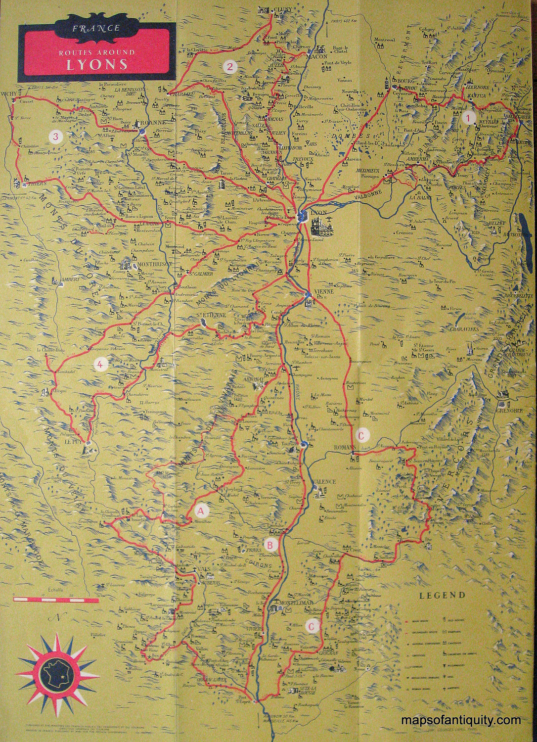 Printed-Color-Antique-Map-Lyons-France-Europe-France-c.-1947-French-Ministry-of-Travel-Maps-Of-Antiquity