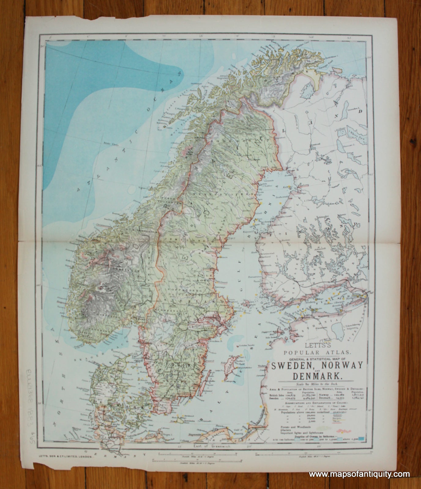 printed-color-Antique-Map-General-and-Statistical-Map-of-Sweden-Norway-and-Denmark-Europe-Europe-General-1883-Letts-Maps-Of-Antiquity