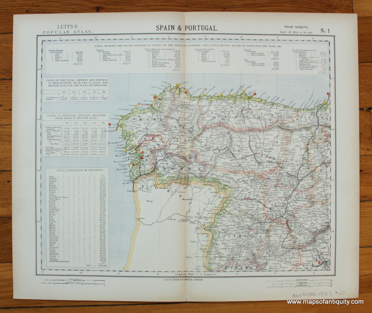 printed-color-Antique-Map-Spain-and-Portugal-Sheet-One-of-Four-Europe-Spain-and-Portugal-1883-Letts-Maps-Of-Antiquity