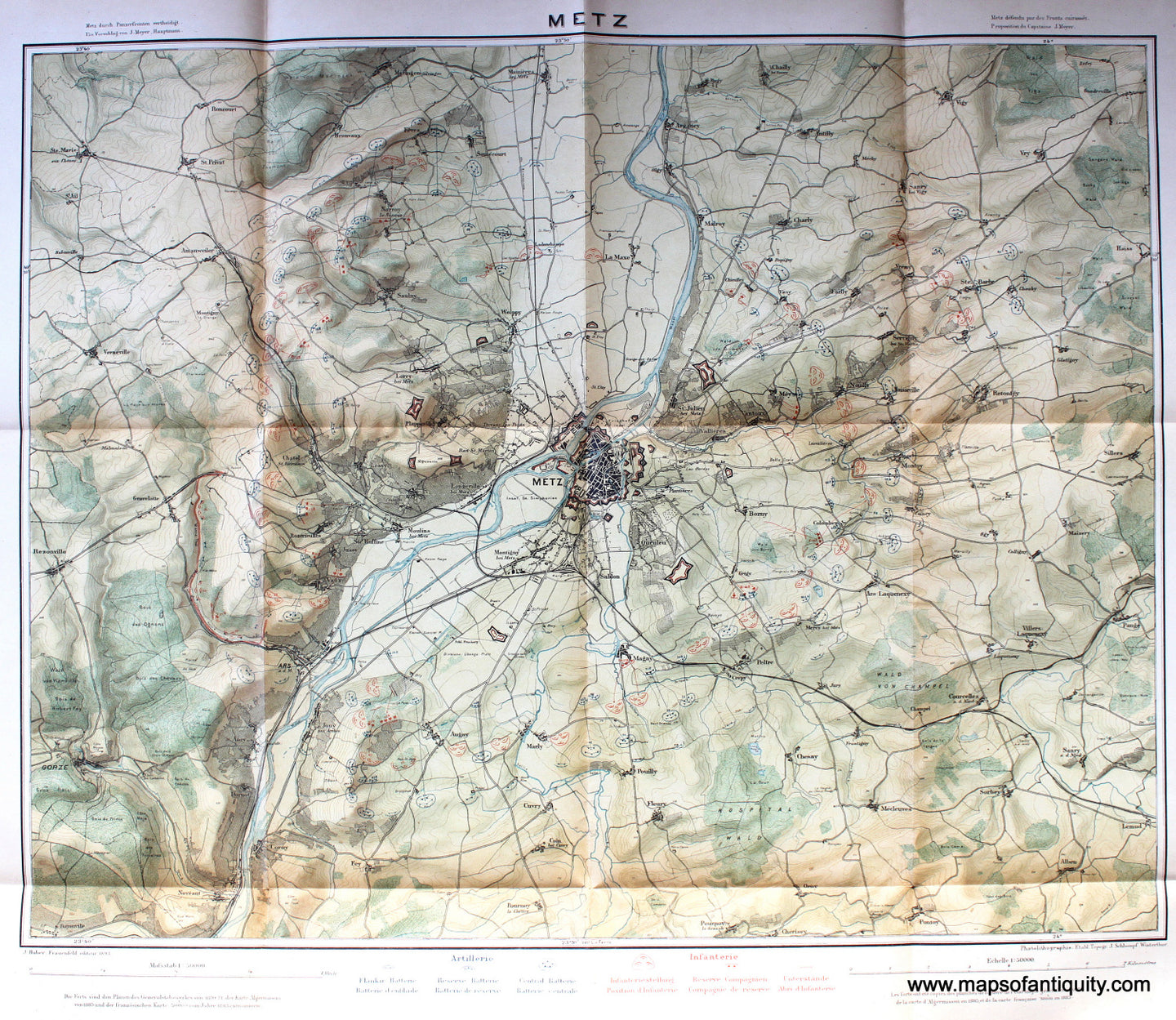 Colored-Antique-Lithograph-Map-Defence-of-Metz-Franco-Prussian-War-**********-Europe-France-1893-J.-Huber-editor.-Maps-Of-Antiquity