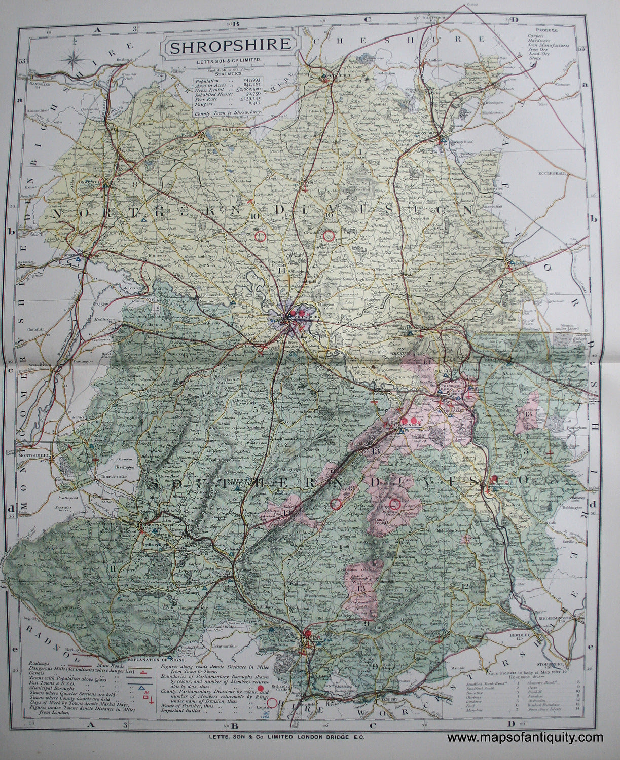 Antique-Printed-Color-Map-Shropshire-England-Europe-England-1884-Letts-Maps-Of-Antiquity