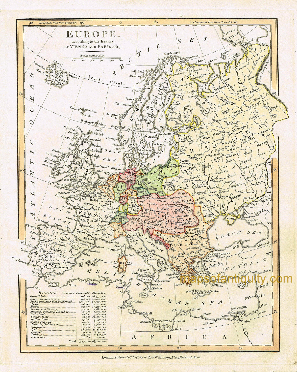 Antique-Hand-Colored-Map-Europe-according-to-the-Treaties-of-Vienna-and-Paris-1815-Europe-Europe-General-1827-Wilkinson-Maps-Of-Antiquity