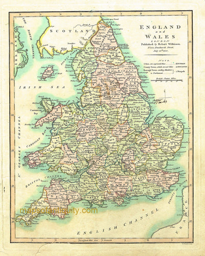 Antique-Hand-Colored-Map-England-and-Wales-Europe-England-1827-Wilkinson-Maps-Of-Antiquity
