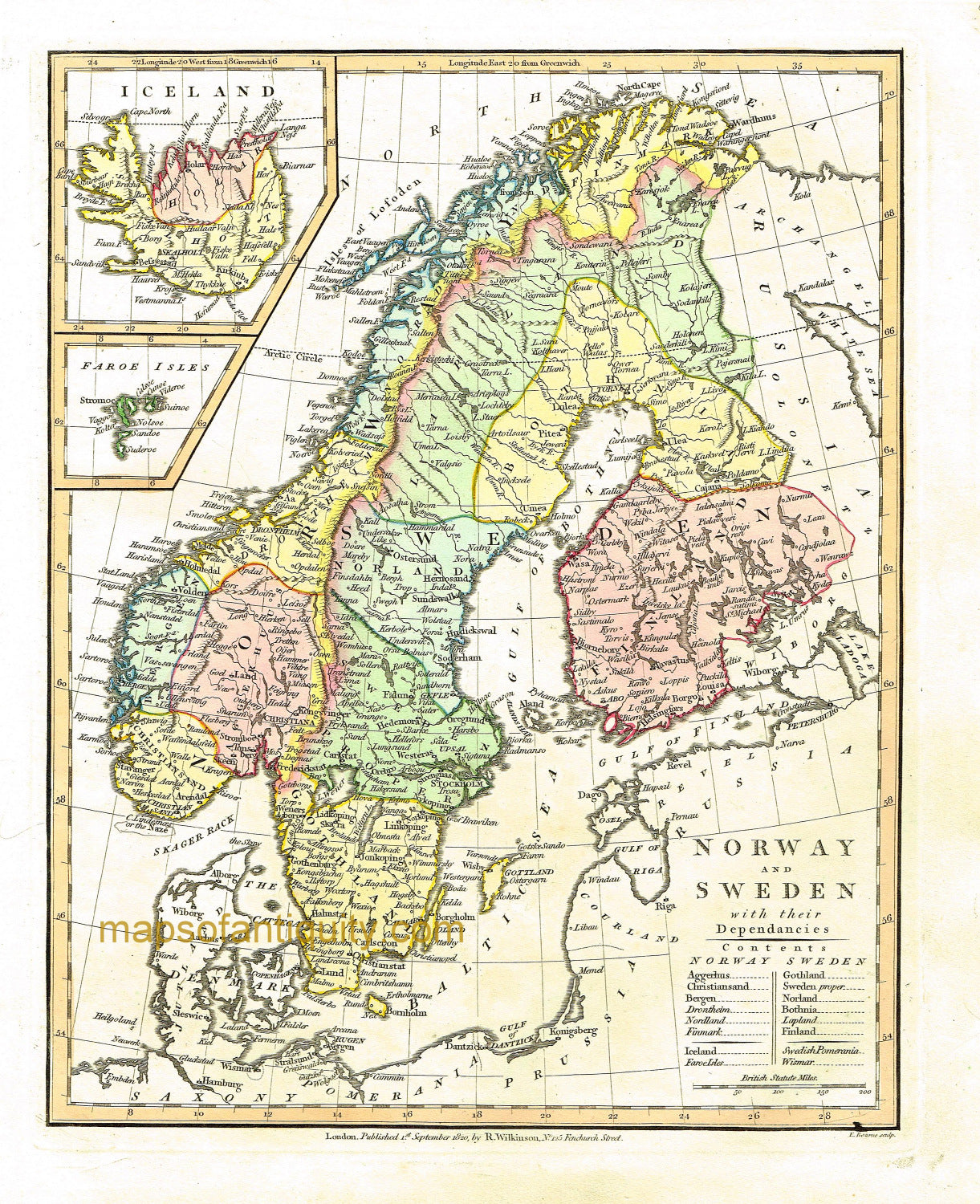 Antique-Hand-Colored-Map-Norway-and-Sweden-with-their-Dependencies-Europe-Scandinavia-1827-Wilkinson-Maps-Of-Antiquity