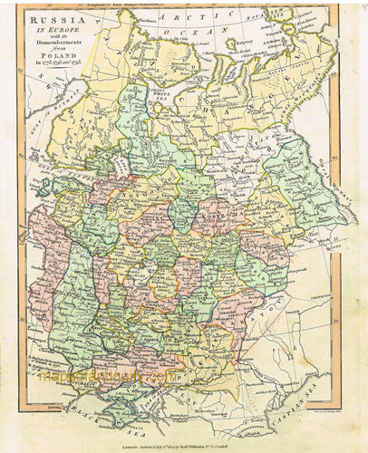 Antique-Hand-Colored-Map-Russia-in-Europe-with-its-Dismemberments-from-Poland-in-1773-1793-and-1795-Europe-Russia-1827-Wilkinson-Maps-Of-Antiquity