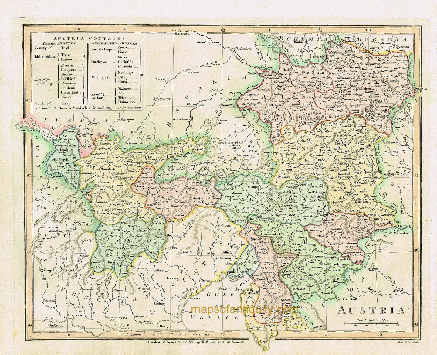 Antique-Hand-Colored-Map-Austria-Europe-Austria-1827-Wilkinson-Maps-Of-Antiquity