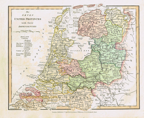 Antique-Hand-Colored-Map-The-Seven-United-Provinces-with-their-Dependencies-Europe-Holland-and-the-Netherlands-1827-Wilkinson-Maps-Of-Antiquity