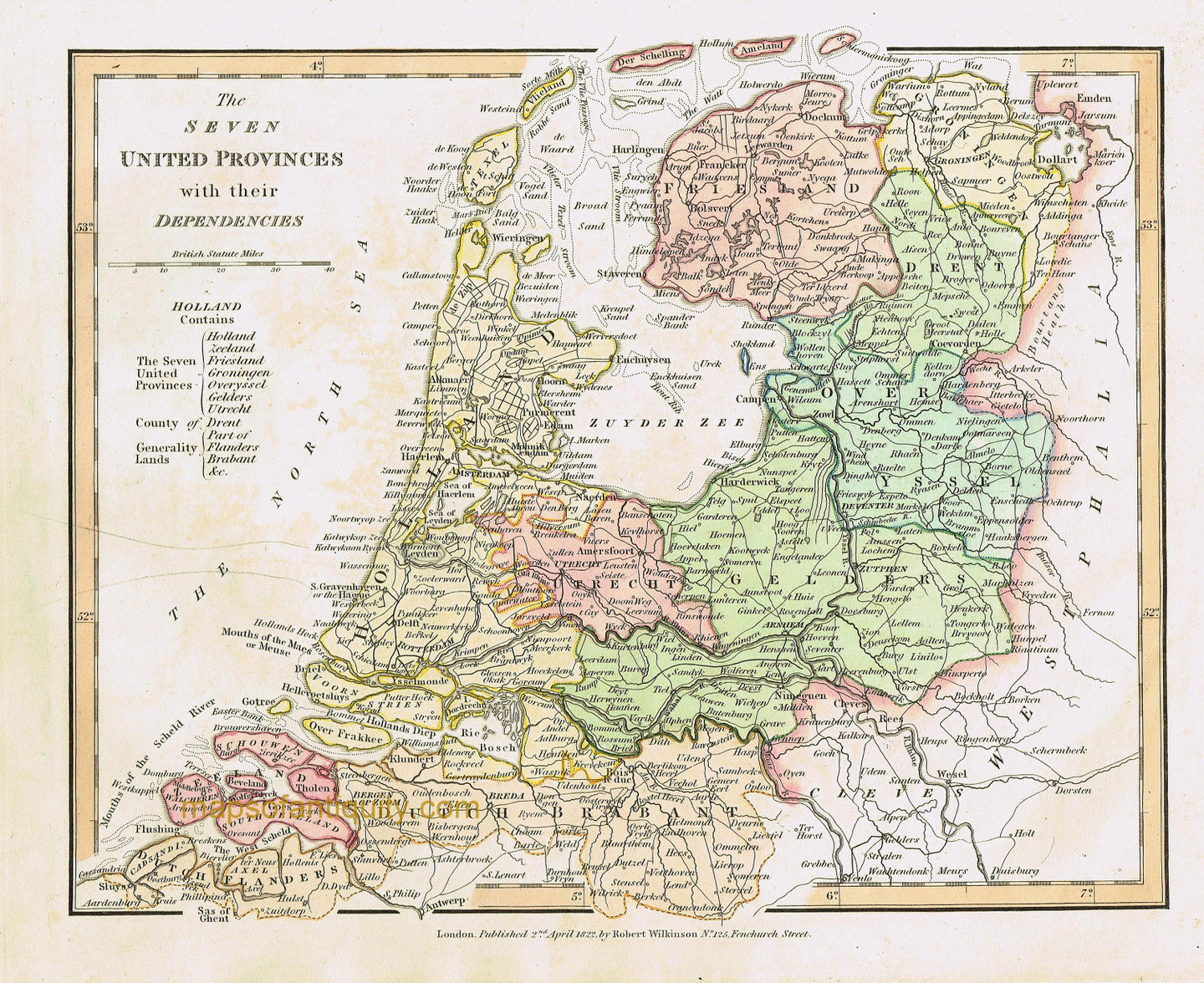 Antique-Hand-Colored-Map-The-Seven-United-Provinces-with-their-Dependencies-Europe-Holland-and-the-Netherlands-1827-Wilkinson-Maps-Of-Antiquity