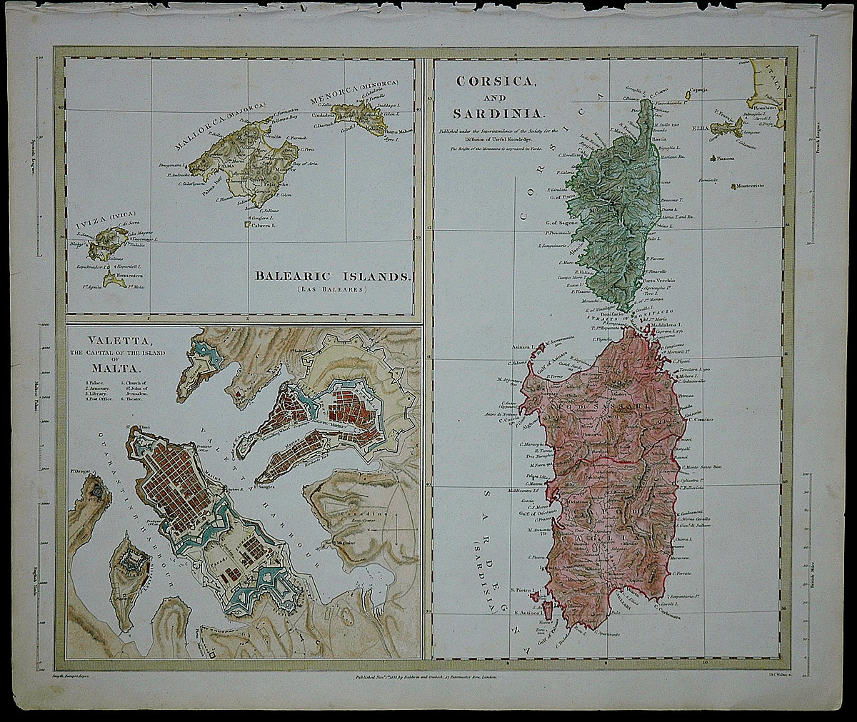 Antique-Hand-Colored-Map-Corsica-and-Sardinia.-Balearic-Islands.-Valetta-The-Capital-of-the-Island-of-Malta.-Europe-Italy-1831-Baldwin-&-Cradock-Maps-Of-Antiquity