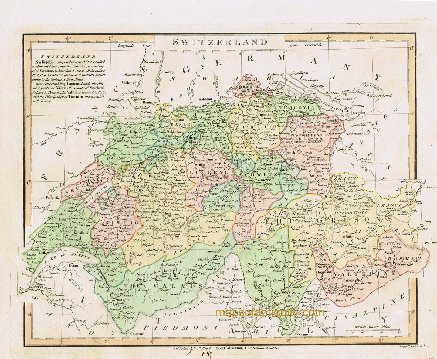 Antique-Hand-Colored-Map-Switzerland-Europe-Switzerland-1827-Wilkinson-Maps-Of-Antiquity