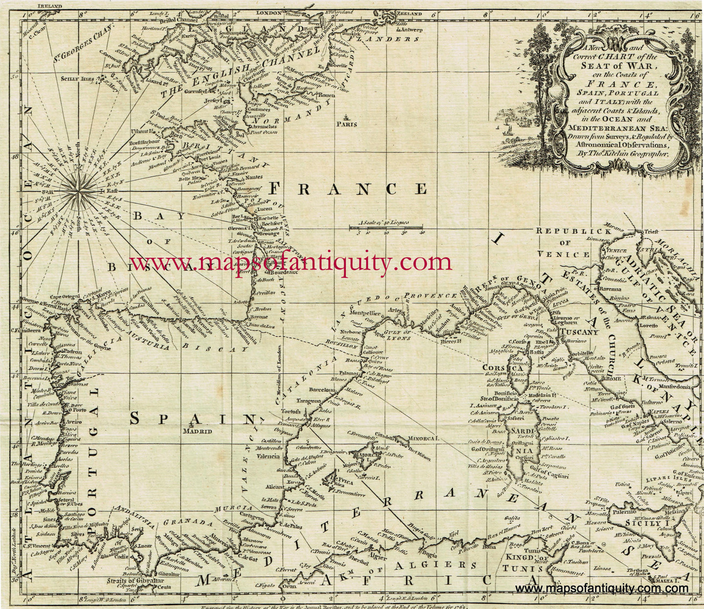 Black-and-White-Antique-Map-A-New-and-Correct-Chart-of-the-Seat-of-War-on-the-Coasts-of-France-Spain-Portugal-and-Italy-with-the-adjacent-Coasts-and-Islands-in-the-Ocean-and-Mediterranean-Sea-Europe--1763-Kitchin-Maps-Of-Antiquity