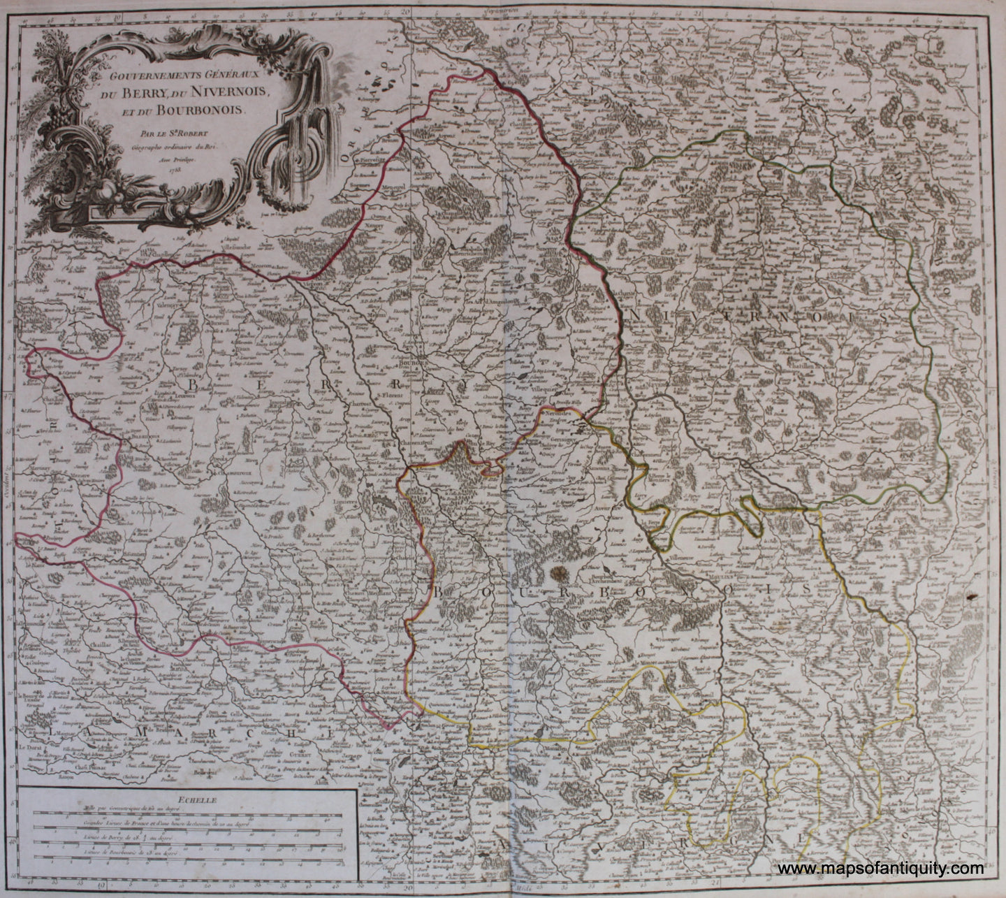 Antique-Hand-Colored-Map-Gouvernements-Generaux-Du-Berry-Du-Nivernois-et-Du-Bourbonois-Europe-France-1753-Vaugondy-Maps-Of-Antiquity