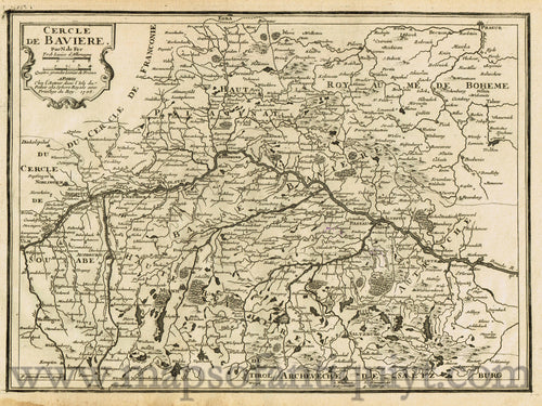 Antique-Black-and-White-Engraved-Map-Cercle-de-Baviere-showing-parts-of-Austria-and-Germany-Europe-Austria-1705-de-Fer-Maps-Of-Antiquity