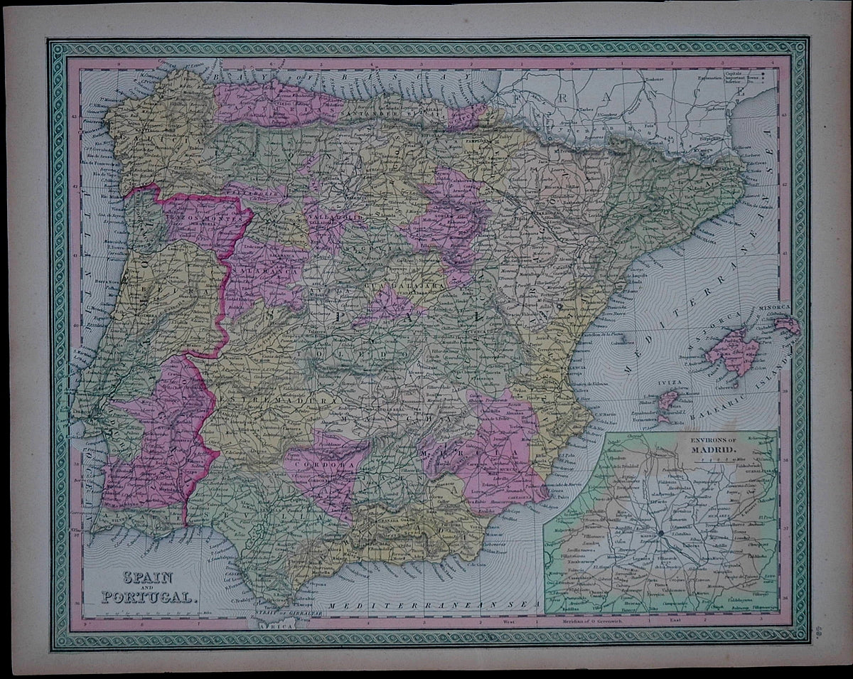 Antique-Hand-Colored-Map-Spain-and-Portugal.-Europe-Spain-and-Portugal-1849-Mitchell-Maps-Of-Antiquity