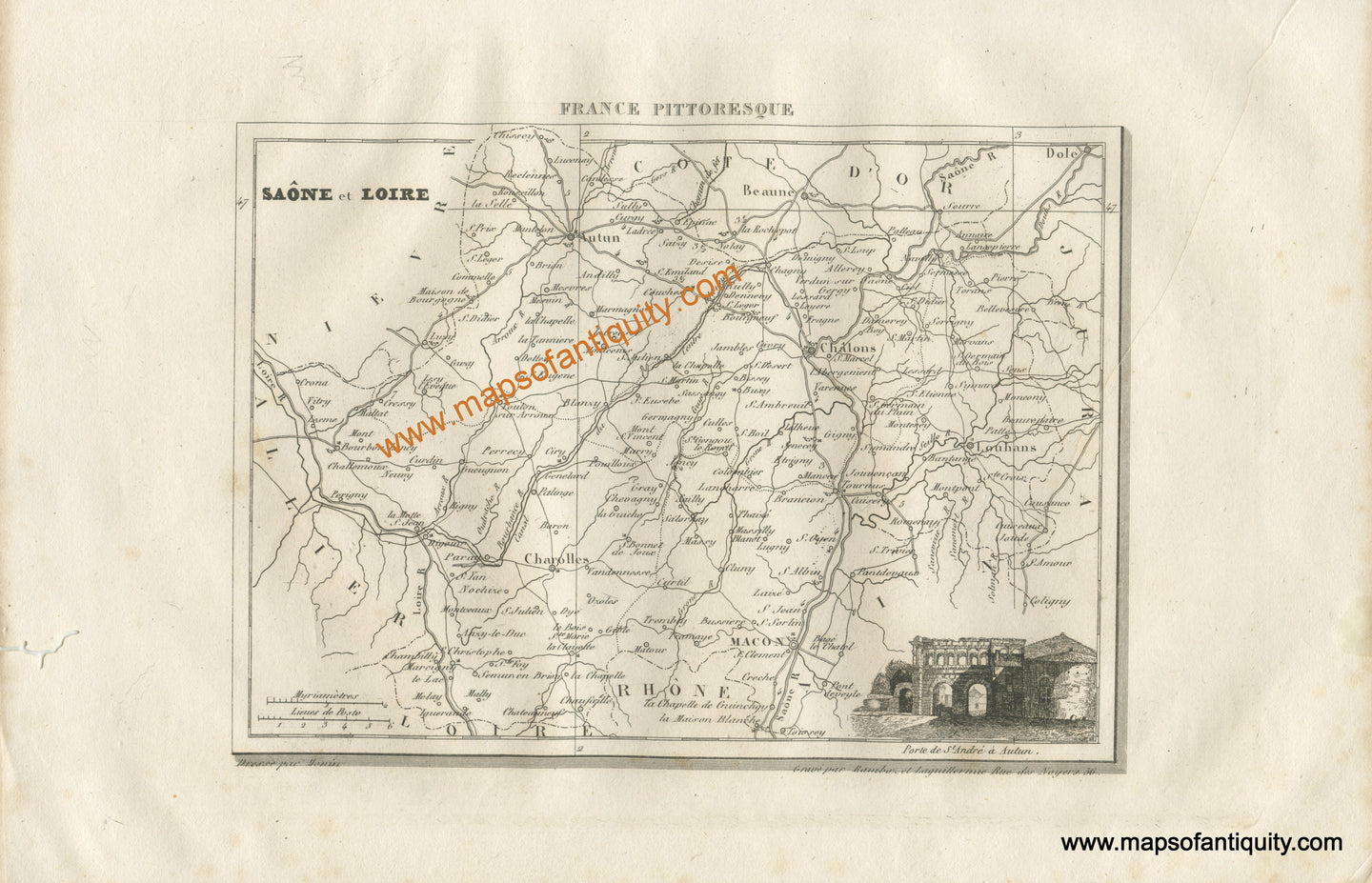 Antique-Black-and-White-Map-France-Saone-et-Loire-including-Autun-Chalons-Charolles-and-Macon-Europe-France-1835-Monin-Maps-Of-Antiquity