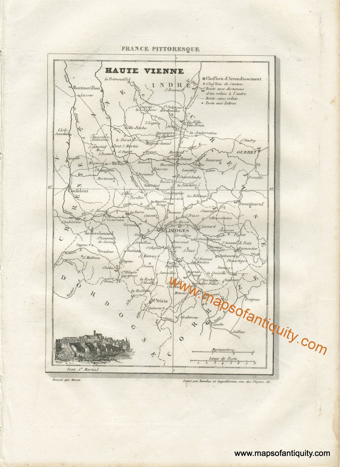 Antique-Black-and-White-Map-France-Haute-Vienne-including-the-cities-of-Gueret-St-Yrieix-and-Limoges-Europe-France-1835-Monin-Maps-Of-Antiquity