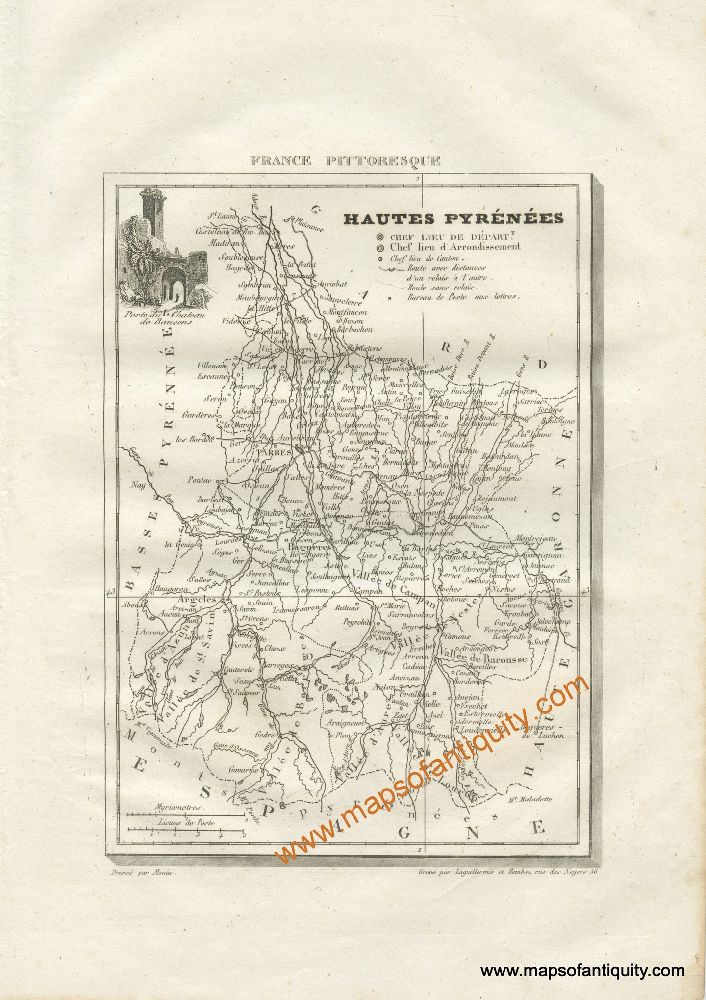 Antique-Black-and-White-Map-France-Hautes-Pyrenees-including-the-cities-of-Tarbes-Argetes-and-Bagneres-Europe-France-1835-Monin-Maps-Of-Antiquity