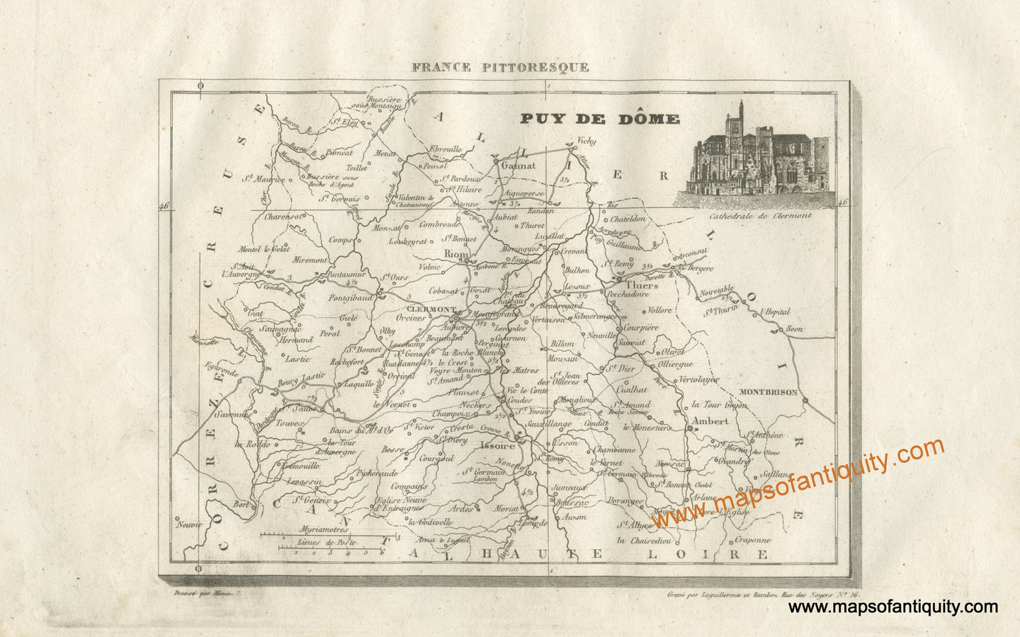 Antique-Black-and-White-Map-France-Puy-de-Dome-including-the-cities-of-Riom-Clermont-and-Issoire-Europe-France-1835-Monin-Maps-Of-Antiquity