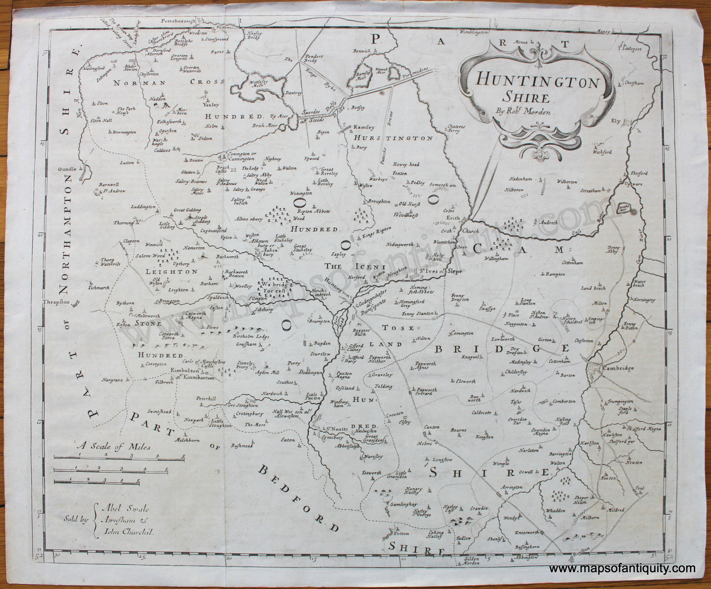 Black-and-White-Antique-Map-circa-1722-Morden-Huntington-Shire.-By-Robt.-Morden.-United-Kingdom