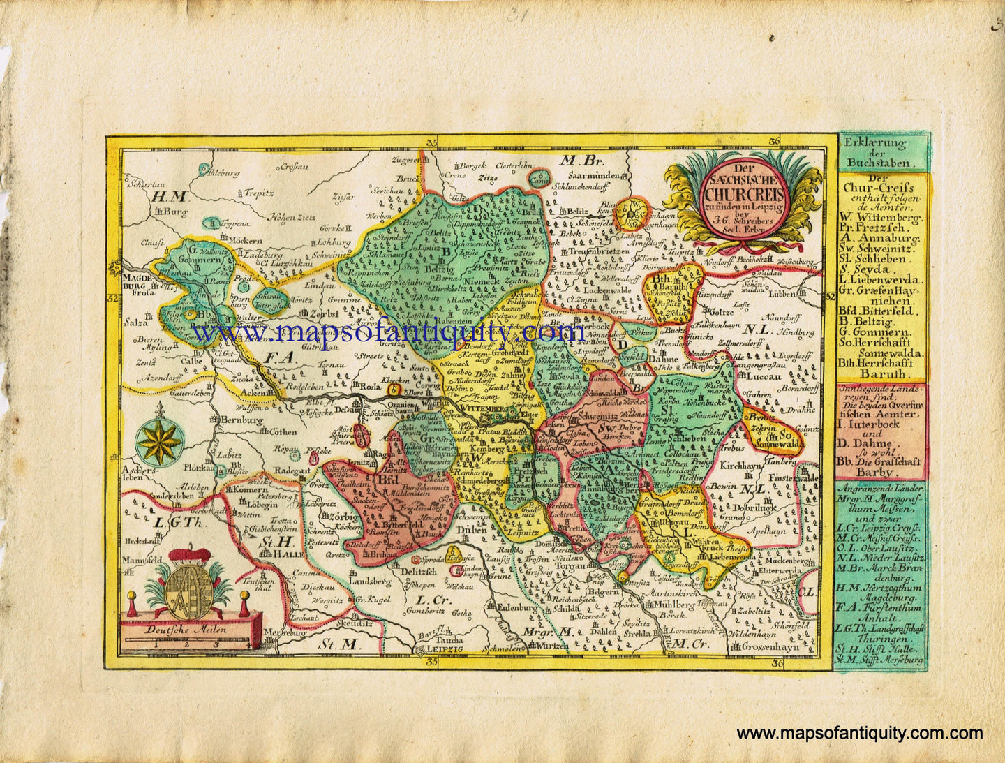 Antique-Hand-Colored-Map-Der-Saechsische-churcreis--Europe-Germany-1749-Johann-George-Schreibern-Maps-Of-Antiquity