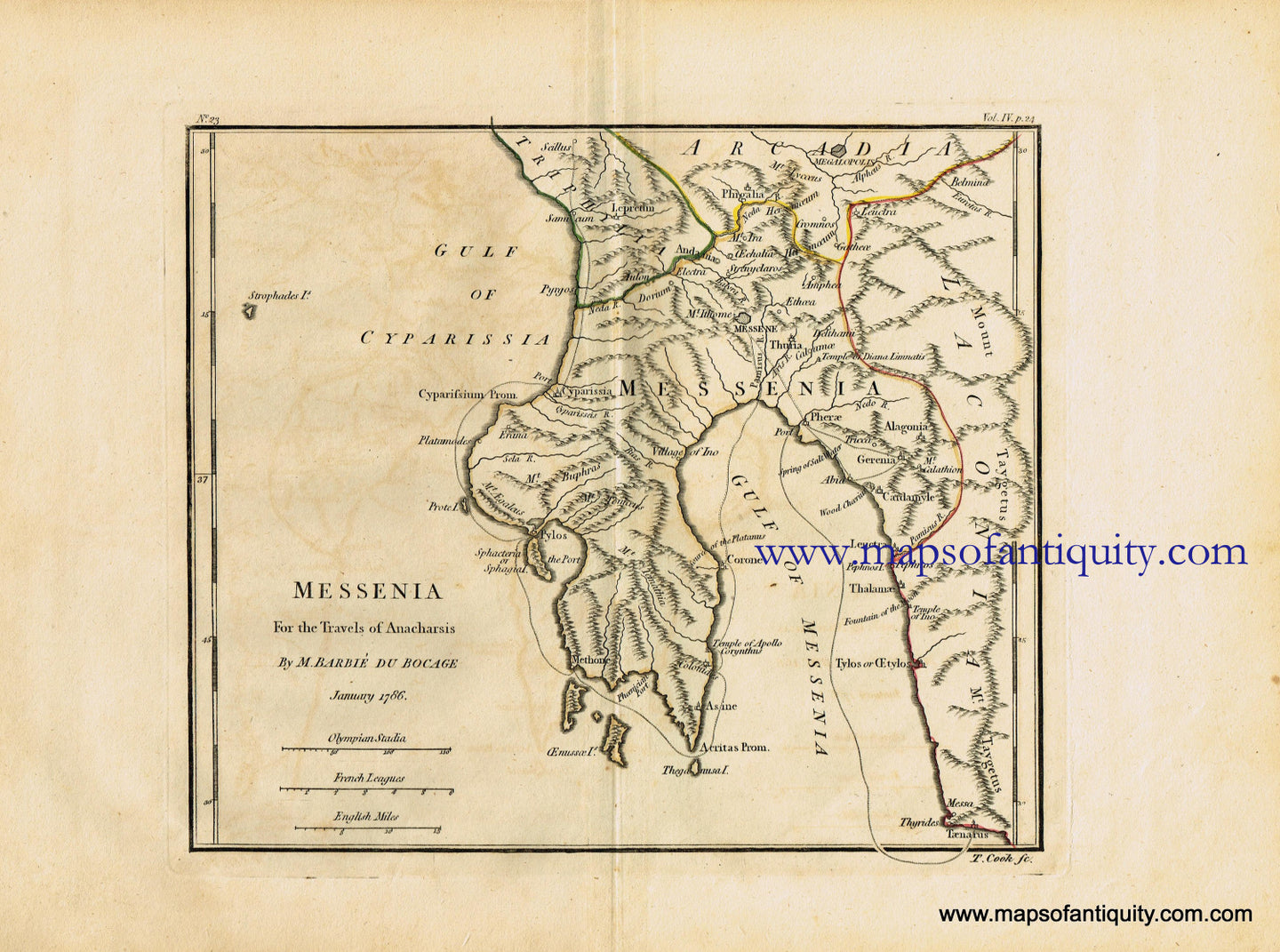 Antique-Hand-Colored-Map-Messenia-Greece-Europe-Greece-1791-Barbie-du-Bocage-Maps-Of-Antiquity