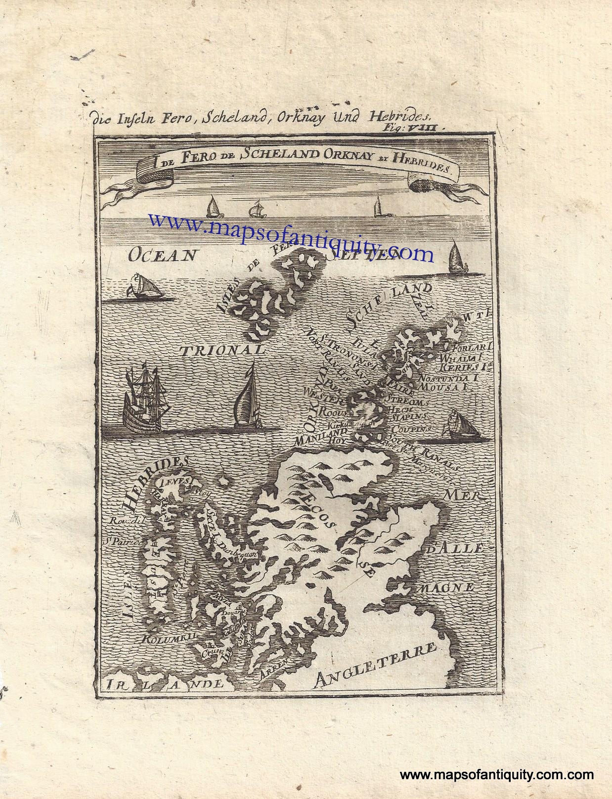 Antique-Black-and-White-Map-Die-Inseln-Fero-Scheland-Orknay-und-Hebrides-**********-Europe-Scotland-1683-Mallet-Maps-Of-Antiquity