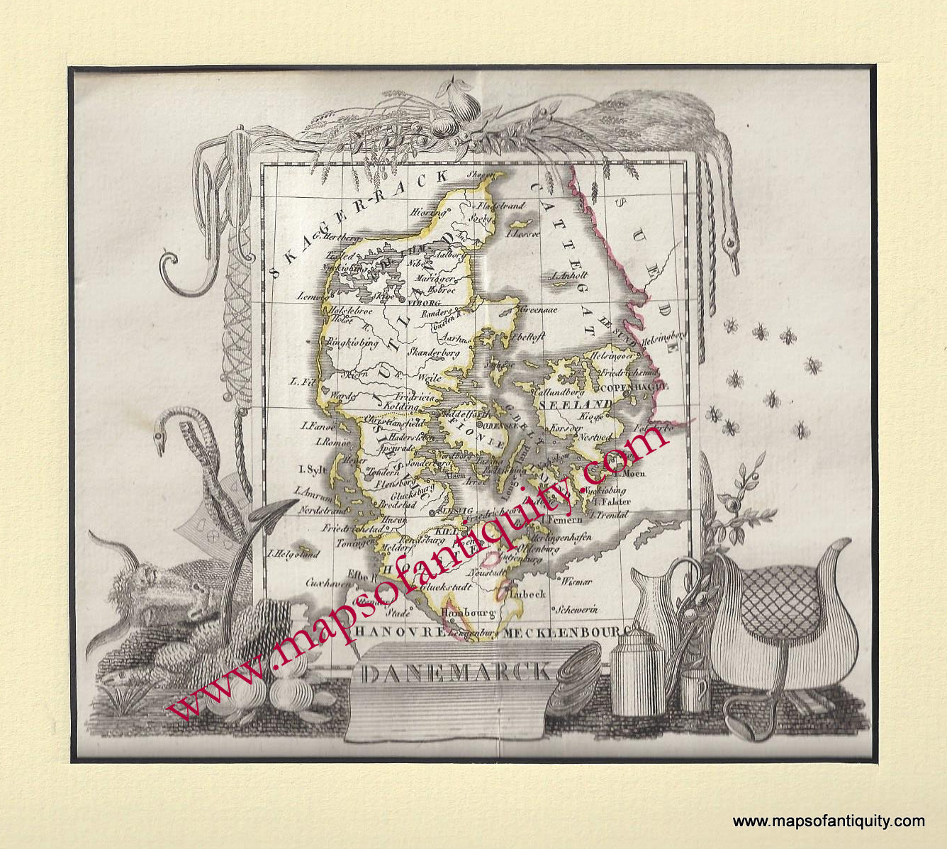 Antique-Hand-Colored-Map-Danemarck---Denmark-Europe-Denmark-c.-1822-Perrot-Maps-Of-Antiquity