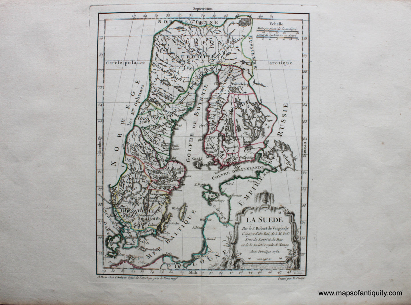 Antique-Hand-Colored-Map-La-Suede-Sweden-Europe-Sweden-1762-Robert-de-Vaugondy-Maps-Of-Antiquity