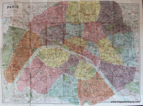 Antique-Printed-Color-Map-Plan-de-Paris-divisee-en-20-Arrondissments-******-Europe-France-c.-1920-Leconte-Maps-Of-Antiquity