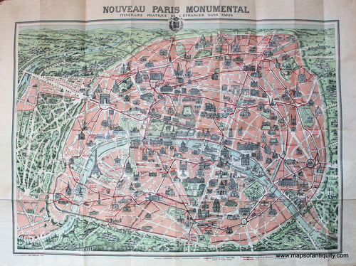 Antique-Printed-Color-Map-Nouveau-Paris-Monumental-******-Europe-France-c.-1920-Garnier-Maps-Of-Antiquity