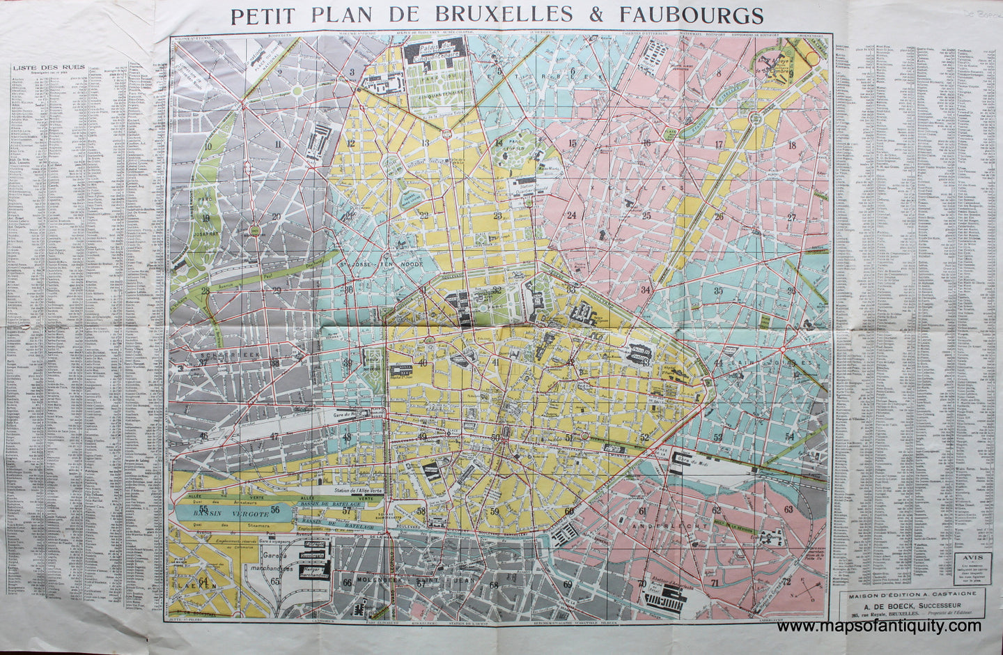 Antique-Printed-Color-Map-Plan-de-Bruxelles-et-ses-Faubourgs-Brussels-******-Europe-Belgium-1918-de-Boeck-Maps-Of-Antiquity