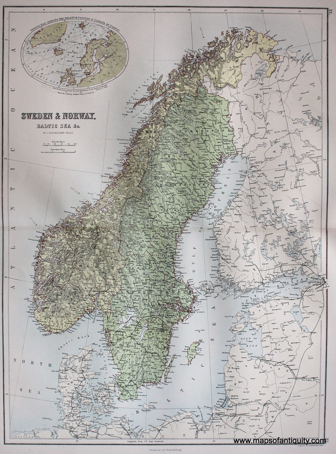 Antique-printed-color-Map-Sweden-&-Norway-Baltic-Sea-&c.-Europe-Sweden-Norway-1879-Black-Maps-Of-Antiquity