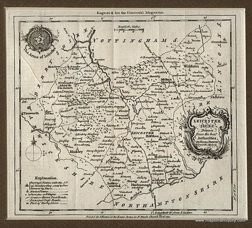 Black-and-White-Antique-Map-Leicestershire-Drawn-from-the-best-Authorities-by-Eman.-Bowen-Geog:-to-His-Majesty-Europe-United-Kingdom-1752-Bowen-Maps-Of-Antiquity