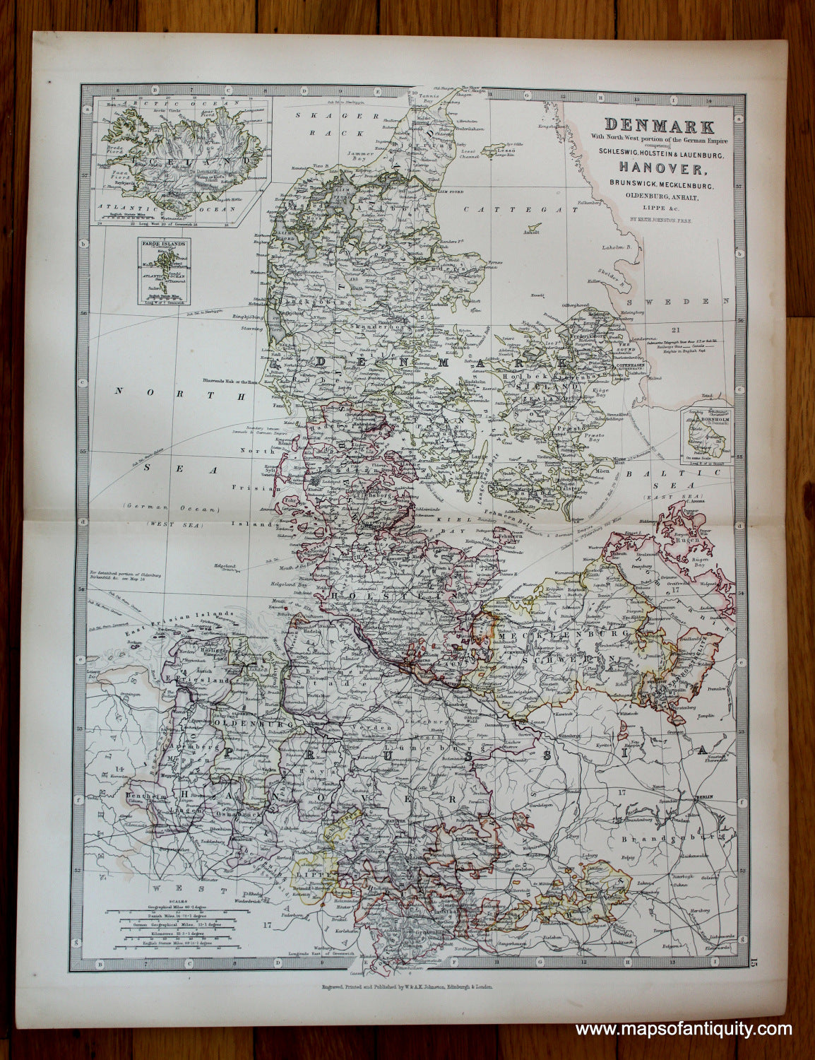 Antique-printed-color-Map-Denmark-with-North-West-portion-of-the-German-Empire-comprising-Schleswig-Holstein-&-Lauenburg-Hanover-Brunswick-Mecklenburg-Oldenburg-Anhalt-Lippe-&-c.-Europe-Denmark-1881-Johnston-Maps-Of-Antiquity