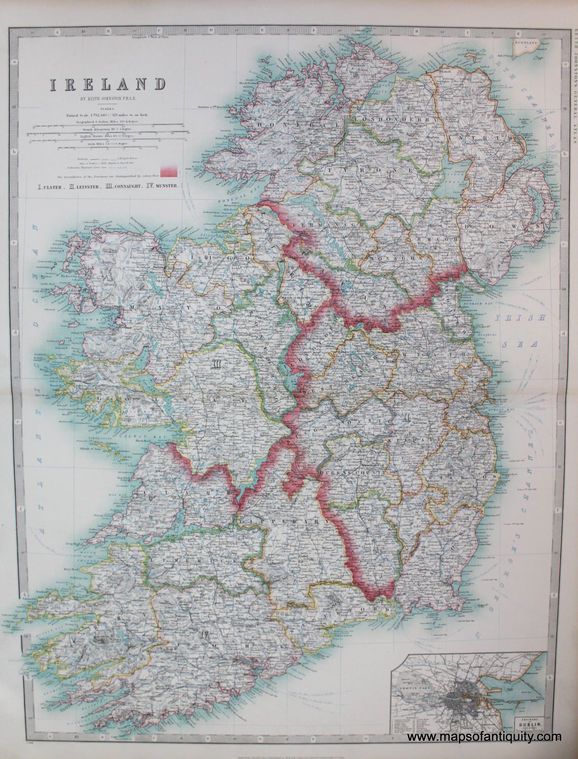 Antique-Printed-Color-Map-Ireland-**********-Europe-Ireland-1904-Johnston-Maps-Of-Antiquity