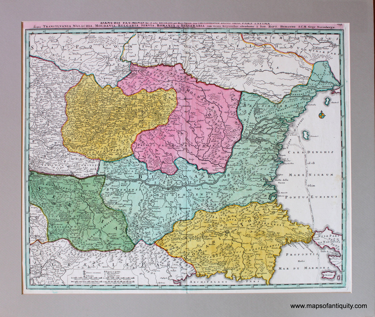Antique-Hand-Colored-Map-Danubii-Fluminis-hic-ab-arbe-Belgrado-per-Mare-NegrumÃ¢â‚¬Â¦in-qua-Transylvania-Walachia-Moldavia-Bulgaria-Servia-Romania-et-Bessarabia-cum-vicinis-Regionibus-ostenduntur-a-Joh.-Bapt.-Homanno-**********-Europe-Balkans-c.-1720-Homann-Maps-Of-Antiquity