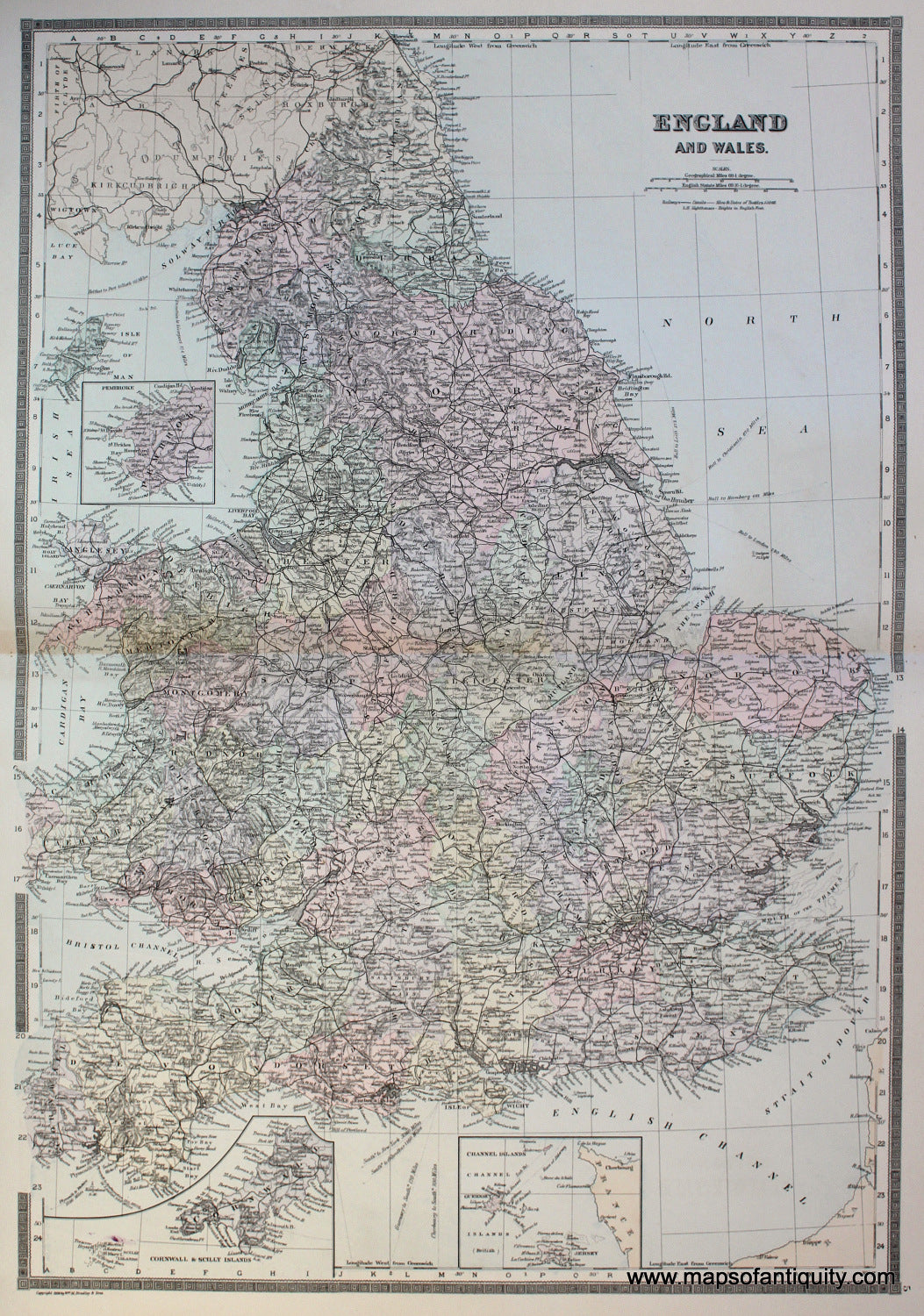 Antique-Hand-Colored-Map-England-and-Wales-Europe-England-&-Wales-1887-Bradley-Maps-Of-Antiquity