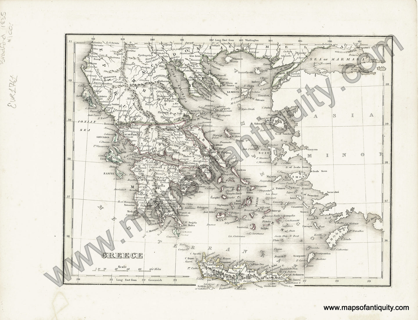Antique-Hand-Colored-Map-Greece-Europe-Greece-&-the-Balkans-1835-T.G.-Bradford-Maps-Of-Antiquity