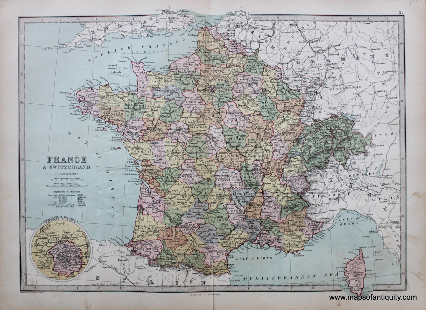 Antique-Printed-Color-Map-France-&-Switzerland-Europe-France-Switzerland-1873-J.-Bartholomew-Maps-Of-Antiquity