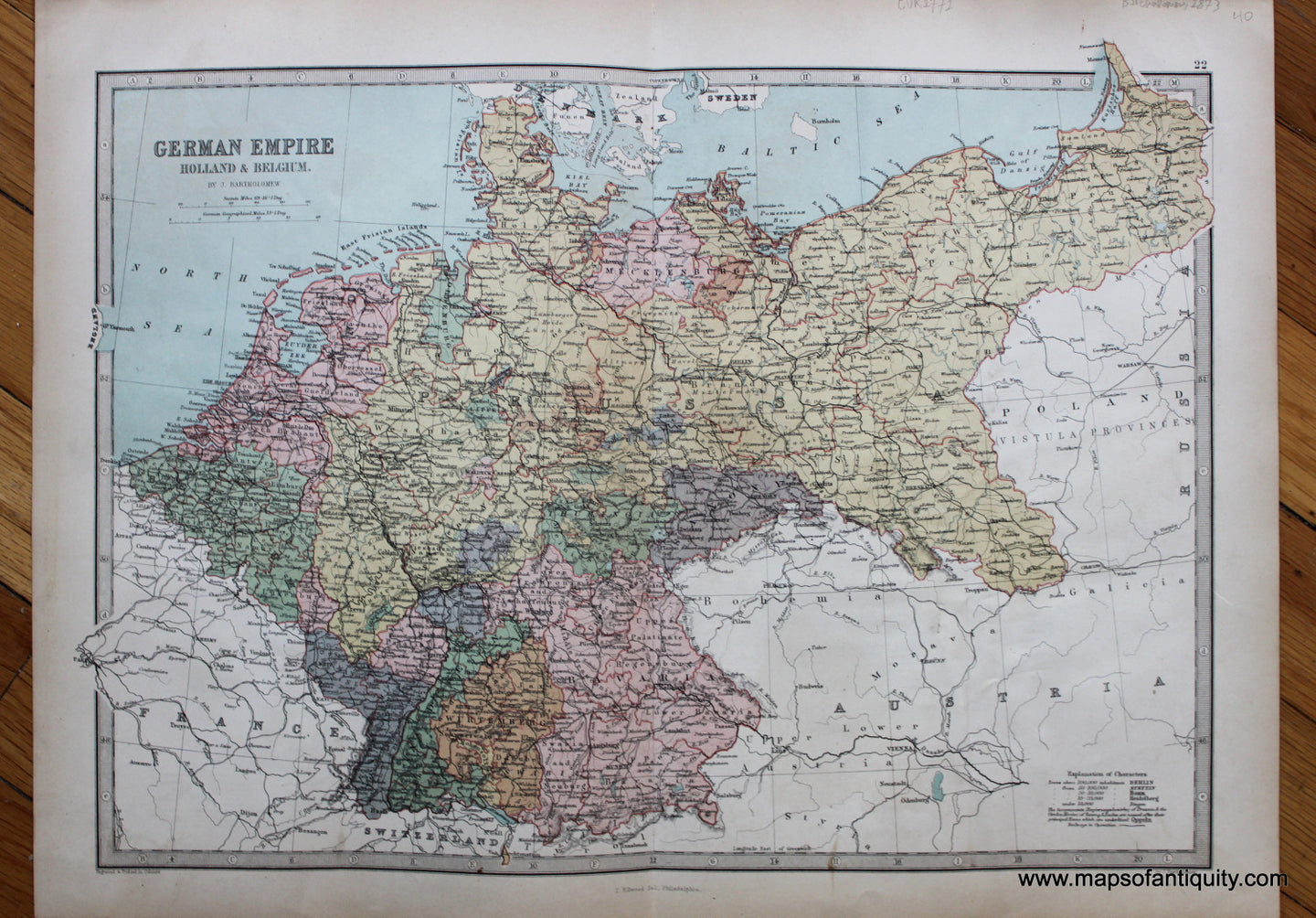Antique-Printed-Color-Map-German-Empire-Holland-&-Belgium-**********-Europe-Germany-Holland-&-The-Netherlands-1873-J.-Bartholomew-Maps-Of-Antiquity