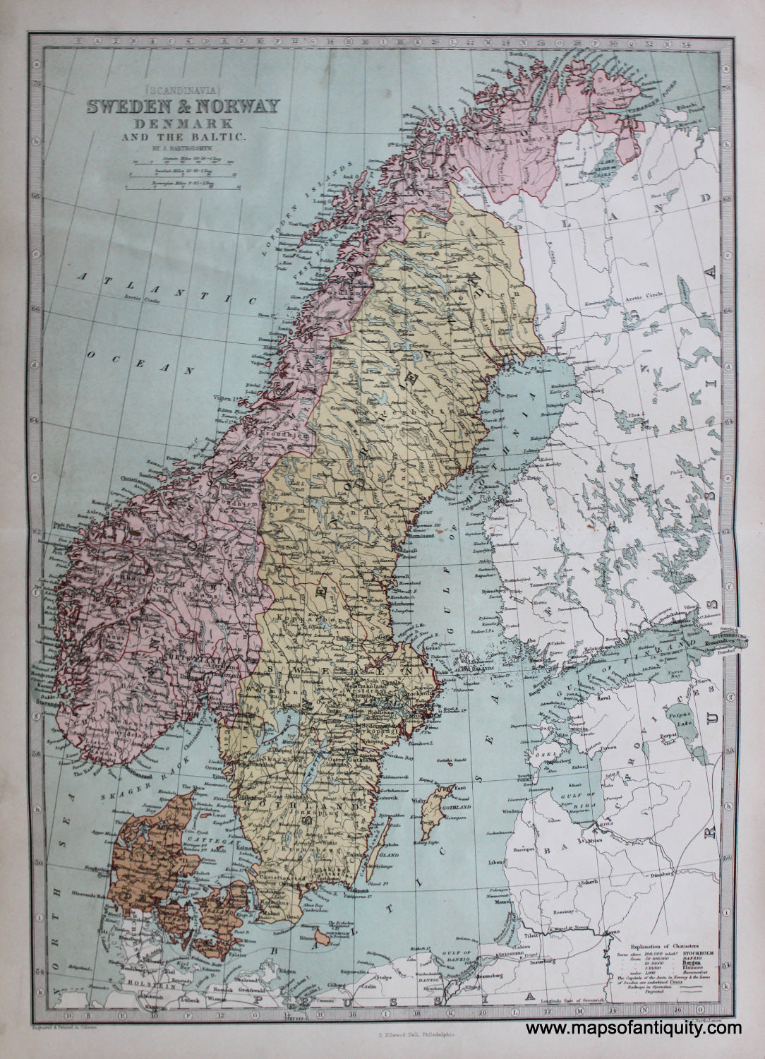 Antique-Printed-Color-Map-(Scandinavia)-Sweden-&-Norway-Denmark-and-The-Baltic.-Europe-Scandinavia-Denmark-&-Iceland-1873-J.-Bartholomew-Maps-Of-Antiquity