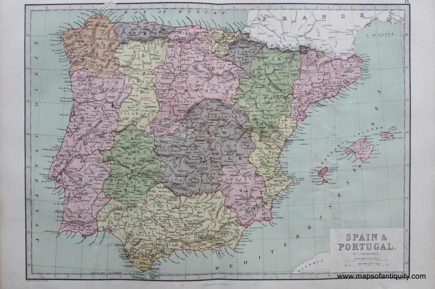 Antique-Printed-Color-Map-Spain-&-Portugal.-Europe-Spain-&-Portugal-1873-J.-Bartholomew-Maps-Of-Antiquity