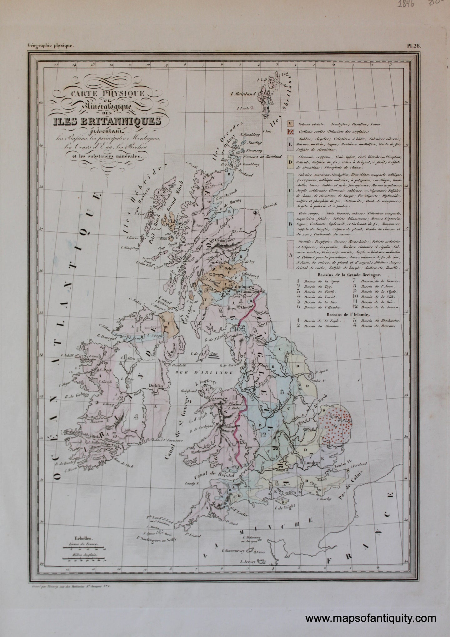 Antique-Hand-Colored-Map-Carte-Physique-et-Mineralogique-des-Iles-Britanniques-Europe-Europe-General-1846-M.-Malte-Brun-Maps-Of-Antiquity