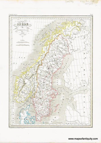 Antique-Hand-Colored-Map-Suede-et-Norvege-Europe-Scandinavia-Denmark-and-Iceland-1846-M.-Malte-Brun-Maps-Of-Antiquity