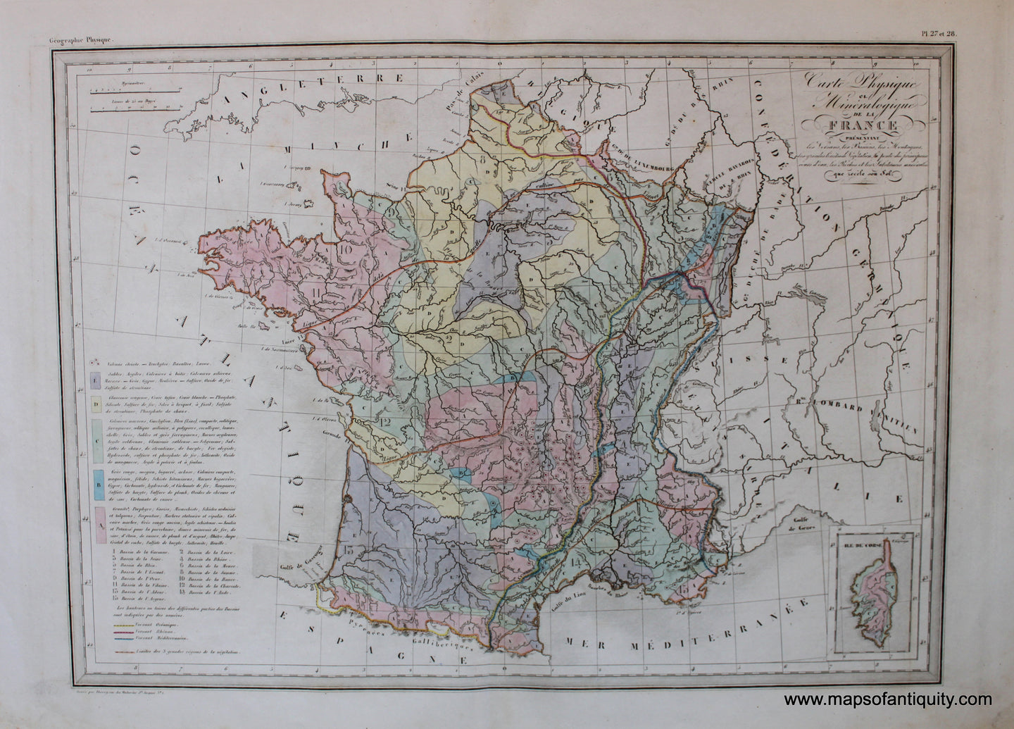Antique-Hand-Colored-Map-Carte-Physique-et-Mineralogique-de-La-France-Europe-France-1846-M.-Malte-Brun-Maps-Of-Antiquity