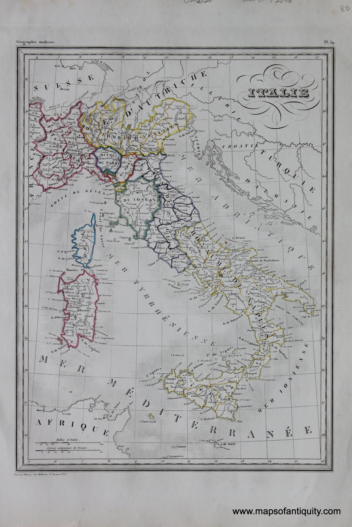 Antique-Hand-Colored-Map-Italie-Europe-Italy-1846-M.-Malte-Brun-Maps-Of-Antiquity