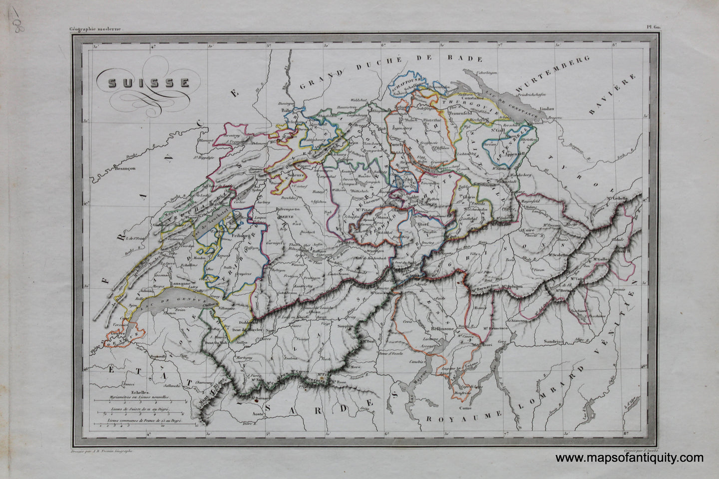 Antique-Hand-Colored-Map-Suisse-Europe-Switzerland-1846-M.-Malte-Brun-Maps-Of-Antiquity