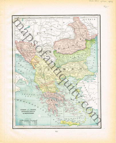 Antique-Printed-Color-Map-Turkey-In-Europe-Greece-Roumania-Servia-&-Montenegro-Europe-Turkey-Greece-Romania-Serbia-Montenegro-1894-Cram-Maps-Of-Antiquity