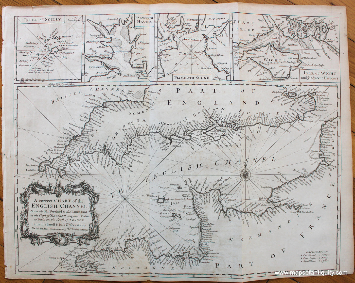 Antique-Map-Chart-English-Channel-Seale-Rapin-Tindal-1745-1740s-1700s-18th-century